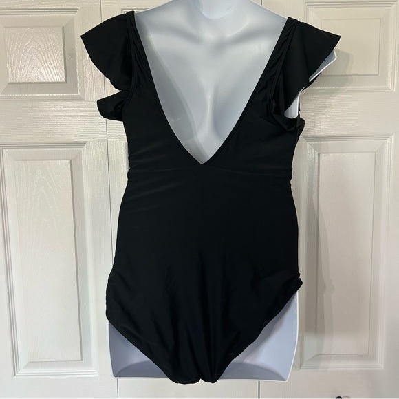 B2PRITY Black One Piece Cut Out V neck Ruffle V back Swim Suit Size 2XL Black - Picture 3 of 12